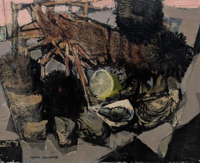 une photo d'un tableau représentant un homard posé sur une table