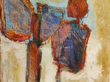 a painting of a boy sitting on a chair looking at a mirror