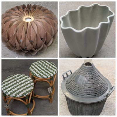 many different pictures of vases and chairs in this collage