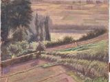 an oil painting of a rural landscape with fields and trees