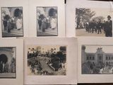 several old black and white photos of a group of people in front of a building