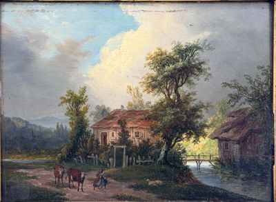 a painting of a farm scene with cows and a house