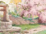 un tableau représentant un puits au milieu d'un champ