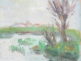 an image of a painting of a river with a tree in the foreground