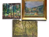 three paintings of trees and a path in a wooded area