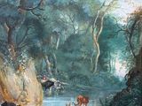 painting of a river scene with cattle in a wooded area
