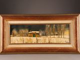 an oil painting of a house in a snowy landscape