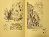 an open book with a drawing of a woman and a man in the woods