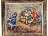une peinture à l'huile représentant un groupe de personnes assises autour d'une table