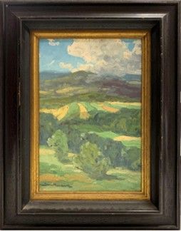 an oil painting of a landscape with hills in the distance