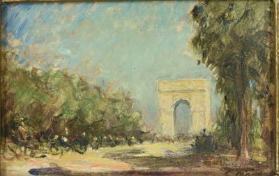 une peinture à l'huile représentant une peinture d'un portail dans un parc