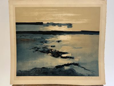 an image of a painting of a sunset over a body of water