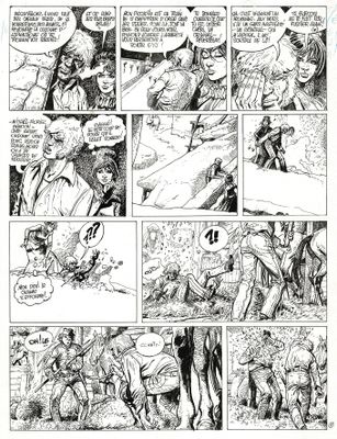 une page en noir et blanc tirée d'une bande dessinée, sur laquelle figure un homme coiffé d'un chapeau de cow-boy