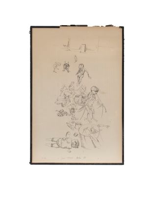 un dessin représentant un groupe de personnes debout autour d'une table