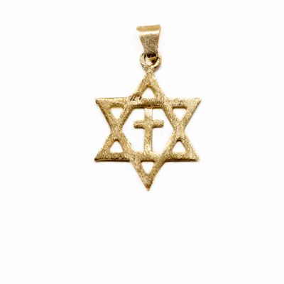 a gold star of david pendant with a cross on it