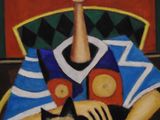 a painting of a man sitting in a chair with a cat on his lap