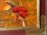a painting of a vase with red flowers in it