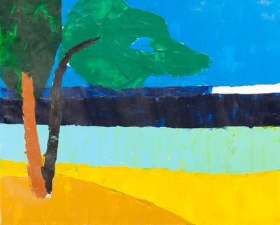 une peinture représentant un arbre dans un champ, avec un ciel bleu en arrière-plan