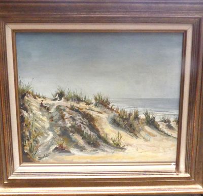 tableau représentant une scène de plage avec des dunes de sable et des dunes de sable