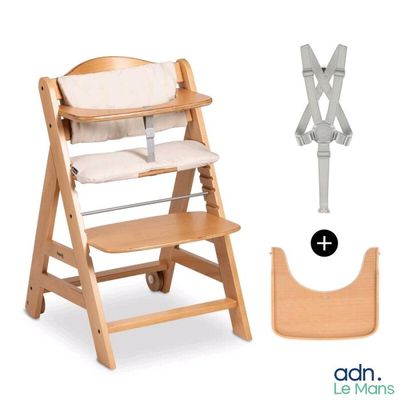 a wooden high chair with a baby seat attached to it