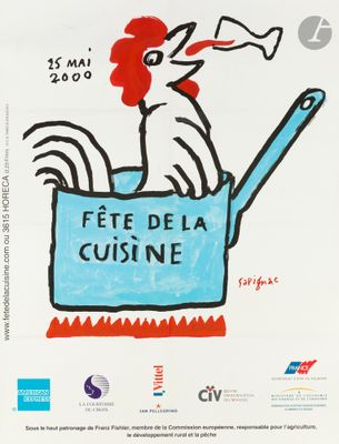 poster of a chicken sitting in a pot with a spoon in it