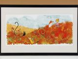 tableau représentant un chat et un oiseau dans un champ de fleurs rouges