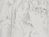 pencil drawing of a woman sitting on a bench with a child in her lap