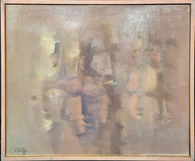 an oil painting of a group of people standing in front of a building