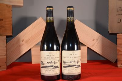 two bottles of wine sitting next to each other on a table