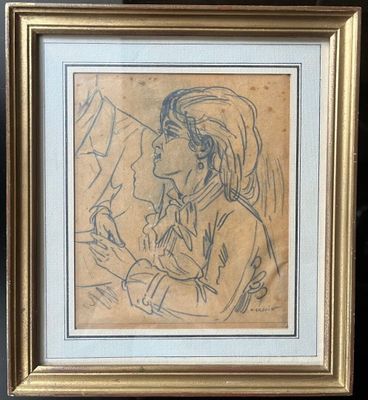 dessin représentant une femme portant un chapeau et une écharpe, tenant une cigarette