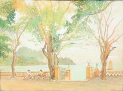 un tableau représentant des personnes assises sur un banc au bord de l'eau