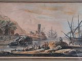 painting of a painting of a harbor scene with ships in the water