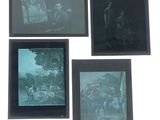 four black and white pictures of people and animals in a black frame