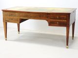 a wooden desk with two drawers and a marble top