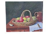 a painting of a basket of apples on a table