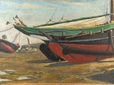 a painting of a boat on the beach with other boats in the background