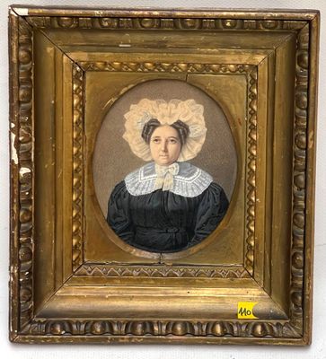 an antique portrait of a woman in a black dress with a white bonnet