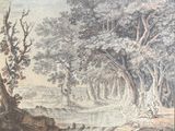 an image of a painting of a forest with a river running through it