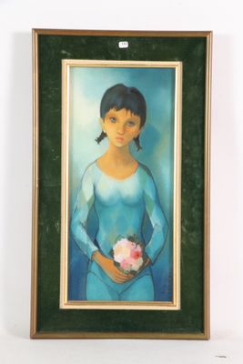 tableau représentant une femme en robe bleue tenant un bouquet de fleurs