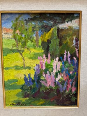 an oil painting of a field with flowers and trees in the background