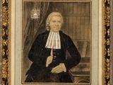 portrait d'un homme vêtu d'un manteau noir et d'un col à volants blancs, tenant un livre