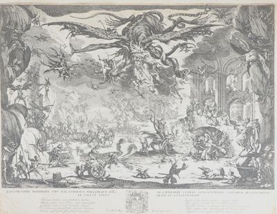 une gravure représentant une scène de bataille entre anges et démons
