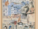 a watercolor painting of a man and a dog by the water