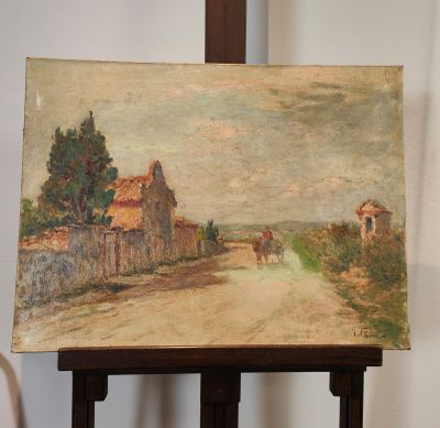 peinture sur chevalet représentant une route de campagne avec une maison et un cheval