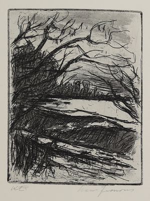 an image of a black and white drawing of trees in the snow
