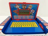 a blue laptop with a yellow keyboard and a red case