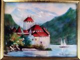 a painting of a castle with a sailboat in the water