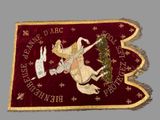 an image of a red and gold banner with a picture of a man on a horse holding a christmas tree
