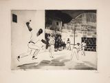 a drawing of a baseball game being played on the field