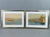 pair of framed watercolor paintings of boats in a harbor